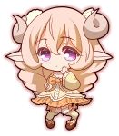  1girl absurdres animal_ears blonde_hair chibi eyebrows eyebrows_visible_through_hair full_body highres horns kehp_(monster_musume) kumehara_chiyota long_hair monster_girl monster_musume_no_iru_nichijou monster_musume_no_iru_nichijou_online sheep_ears sheep_girl sheep_horns simple_background smile solo violet_eyes white_background wool 