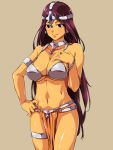  1girl armband armor bikini_armor breasts brown_background cleavage dancer&#039;s_costume_(dq) dark_skin dragon_quest dragon_quest_iv earrings hand_on_hip jewelry juvecross long_hair manya navel purple_hair simple_background solo thigh_strap violet_eyes 