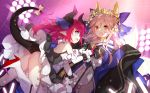 2girls animal_ears ass bangs bare_shoulders bell bent_tail black_dress blue_bow blue_eyes blush bow breasts cleavage commentary_request curled_horns detached_sleeves dragon_tail dress elizabeth_bathory_(fate) elizabeth_bathory_(fate)_(all) eyelashes fang fate/extra fate/extra_ccc fate/grand_order fate_(series) fox_ears fox_tail from_side hair_bell hair_between_eyes hair_bow hair_ornament hair_ribbon highres holding jewelry light_particles long_hair looking_at_viewer medium_breasts multiple_girls necklace obi off_shoulder open_mouth pink_hair pointy_ears purple_ribbon ribbon saru sash shade sidelocks smile tail tail_raised tamamo_(fate)_(all) tamamo_no_mae_(fate) tassel very_long_hair yellow_eyes