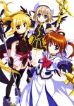  3girls absurdres bardiche belt blonde_hair blue_eyes brown_hair cape closed_mouth fate_testarossa fingerless_gloves fujima_takuya gloves hair_ornament hair_ribbon hairclip hat highres jacket juliet_sleeves long_hair long_skirt long_sleeves looking_at_viewer lyrical_nanoha magical_girl mahou_shoujo_lyrical_nanoha mahou_shoujo_lyrical_nanoha_a&#039;s multiple_girls official_art open_mouth outstretched_arm puffy_sleeves raising_heart red_eyes ribbon schwertkreuz skirt staff standing takamachi_nanoha thigh-highs twintails very_long_hair violet_eyes waist_cape x_hair_ornament yagami_hayate 