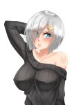  1girl bare_shoulders black_sweater blue_eyes blush hair_over_one_eye hamakaze_(kantai_collection) kantai_collection lips looking_at_viewer silver_hair solo sweater twrlare white_background 