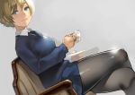 1girl absurdres black_legwear blonde_hair blue_eyes blue_skirt blue_sweater breasts chair closed_mouth collared_shirt cup darjeeling eyebrows eyebrows_visible_through_hair eyelashes from_side girls_und_panzer grey_background hair_between_eyes highres holding holding_cup legs_crossed long_sleeves looking_at_viewer looking_to_the_side medium_breasts pantyhose saucer school_swimsuit school_uniform shirt short_hair simple_background sitting skirt smile solo sweater swimsuit teacup thighband_pantyhose thighs white_shirt wing_collar yomu_(sgt_epper) 