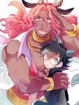  2boys abs animal_ears argon_(show_by_rock!!) black_hair chains dark_skin dark_skinned_male earrings gakuran gazelle_ears gazelle_horns glasses gold_chain grey_eyes hakkun jewelry long_hair male_focus maruboku multiple_boys muscle pink_eyes pink_hair salute school_uniform short_hair show_by_rock!! simple_background size_difference tail white_background 