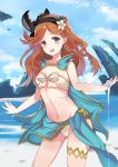  1girl absurdres bikini black_ribbon blue_eyes breasts brown_hair cape cleavage collarbone cowboy_shot flower granblue_fantasy hair_flower hair_ornament hair_ribbon highres kogalashi long_hair navel ocean open_mouth outdoors red_flower ribbon sara_(granblue_fantasy) sarong scan small_breasts solo standing strapless swimsuit white_bikini white_flower 