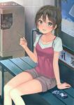  1girl :d absurdres arm_support bracelet brown_hair casual collarbone eyebrows fukahire_sanba grey_eyes grey_shorts highres holding jewelry looking_at_viewer open_mouth original popsicle_stick short_hair shorts sitting smile solo sweatdrop 