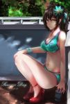  1girl absurdres breasts brown_hair ctrlz77 cup dappled_sunlight dated drinking_glass flower full_body hair_flower hair_ornament high_heels highres looking_at_viewer medium_breasts original ponytail red_shoes shoes solo sports_bra squatting sunlight swimsuit thighs yellow_eyes 