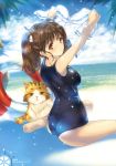  1girl absurdres armpits arms_up artist_name ass bangs barefoot beach blue_swimsuit blush breasts brown_eyes brown_hair cat closed_mouth clouds cloudy_sky day feet from_side hair_ornament high_school_fleet highres holding_shirt innertube isoroku_(haifuri) light_particles light_smile long_hair looking_at_viewer looking_back medium_breasts min-naraken number ocean on_ground one-piece_swimsuit outdoors page_number palm_tree scan school_swimsuit school_uniform serafuku shade shiretoko_rin shirt shirt_removed short_sleeves short_twintails sitting sky smile soles solo spread_legs swimsuit transparent tree twintails two_side_up wariza water white_shirt 