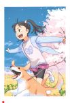  1girl bike_shorts black_eyes black_hair cherry_blossoms dog field flower flower_field hair_bobbles hair_ornament highres hood hoodie leash long_hair open_clothes open_hoodie open_mouth original outstretched_arms running shoes skirt sneakers solo spread_arms takamichi 