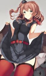  1girl anchor belt belt_buckle black_dress blue_eyes blush breasts brown_hair buckle dress dress_lift drum_magazine embarrassed from_below garter_straps grey_background highres hinauri_(nurupon) kantai_collection large_breasts long_hair looking_at_viewer neckerchief ponytail red_belt red_legwear red_neckerchief remodel_(kantai_collection) saratoga_(kantai_collection) shiny shiny_clothes shiny_skin simple_background solo thigh-highs 