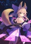  1girl :d animal_ears back bare_shoulders black_legwear bubble commentary detached_collar detached_sleeves eyebrows eyebrows_visible_through_hair fang fate/extra fate/grand_order fate_(series) fox_ears fox_tail hair_between_eyes long_hair looking_at_viewer looking_back natsuki_teru obi open_mouth pink_hair sash shoes smile solo tail talisman tamamo_(fate)_(all) tamamo_no_mae_(fate) thigh-highs thighs weapon yellow_eyes 