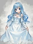  1girl ama-tou blue blue_dress blue_eyes blue_hair breasts cleavage collarbone cross-laced_clothes detached_sleeves dress eyelashes holding_dress light_smile lips long_dress long_hair long_sleeves looking_at_viewer medium_breasts neck_ribbon original pink_lips ribbon ringlets shiny shiny_hair solo 