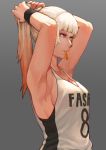  1girl absurdres armpits arms_up artist_name bangs basketball_uniform blonde_hair blue_eyes blunt_bangs breasts clothes_writing fasai_roll_out gradient_hair grey_background hair_tie highres long_hair medium_breasts mouth_hold multicolored_hair number original ponytail redhead sideboob simple_background sleeveless solo sportswear sweatband tying_hair upper_body 