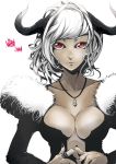  1girl black_nails breasts collarbone demon_girl demon_horns fur_trim horns jewelry jinbei large_breasts nail_polish original pendant red_eyes ring signature solo succubus upper_body white_hair 