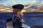  1girl brown_eyes brown_hair chimney clouds hat kantai_collection looking_at_viewer ruisento sailor_collar sky solo water z3_max_schultz_(kantai_collection) 