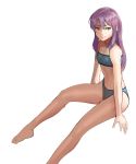  1girl aqua_eyes arms_at_sides bandeau bangs barefoot bikini blue_bikini breasts closed_mouth feet from_side full_body green_eyes hair_between_eyes hidezi legs light_smile lips long_hair long_legs looking_to_the_side navel original parted_bangs purple_hair sidelocks simple_background sketch small_breasts smile solo spread_legs strapless strapless_bikini swimsuit tubetop white_background 