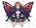  2boys antennae barefoot blazer blue_eyes boots brown_hair butterfly_wings closed_eyes crossed_arms dangan_ronpa glasses gokuhara_gonta grin horned_headwear hoshi_ryouma indian_style jacket long_hair male_focus multiple_boys new_dangan_ronpa_v3 pants rokuichi_(bluelamp61) school_uniform short_hair signature silk simple_background sitting smile spider_web striped striped_pants white_background wings 