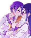  2girls blue_eyes blue_hair blurry blush book dokidoki!_precure eye_contact glasses hishikawa_rikka kenzaki_makoto long_hair looking_at_another multiple_girls negom pink-framed_eyewear precure purple_hair school_uniform short_hair simple_background violet_eyes white_background yuri 