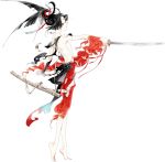  1boy androgynous barefoot black_hair brown_eyes feathers hair_feathers katana kogarasumaru_(touken_ranbu) makeup male_focus molatoliamu official_art ponytail sheath shirtless sword torn_clothes touken_ranbu weapon 