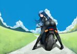  1girl ass bangs bent_over biker_clothes bikesuit blue_hair blush breasts closed_mouth clouds day from_behind full_body ground_vehicle long_hair looking_at_viewer looking_back medium_breasts metalbolic motor_vehicle motorcycle original outdoors parted_bangs red_eyes riding road smile solo 