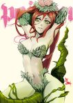  1girl arms_up batman_(series) breasts cleavage dc_comics flower green_eyes green_skin groin hands_in_hair jinbei large_breasts navel plant poison_ivy redhead rose signature sitting solo strapless vines 