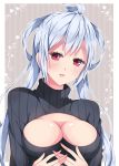  1girl ahoge black_sweater blue_hair breasts cleavage cleavage_cutout large_breasts long_hair matoi_(pso2) milkpanda open-chest_sweater phantasy_star phantasy_star_online_2 pink_eyes solo sweater turtleneck twintails 