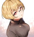  1girl bangs black_sweater blonde_hair bob_cut breasts closed_mouth eyelashes from_above glasses large_breasts lips looking_at_viewer looking_to_the_side looking_up mole mole_under_eye original red_eyes rimless_glasses round_glasses shichimi solo sweater turtleneck turtleneck_sweater upper_body 