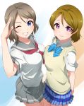  2girls absurdres arms_behind_back asymmetrical_docking blue_eyes breast_press brown_hair grin highres koizumi_hanayo looking_at_viewer love_live! love_live!_school_idol_project love_live!_sunshine!! multiple_girls one_eye_closed plaid plaid_skirt pleated_skirt ribbon salute school_uniform serafuku short_hair skirt smile striped striped_ribbon surfing_orange violet_eyes watanabe_you 