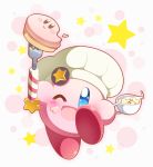  ;d blue_eyes blush_stickers cake chef_hat commentary_request cup food food_on_face fork hat kirby kirby_(series) looking_at_viewer neru_(neruneruru) no_humans one_eye_closed open_mouth pink_background smile solo sparkling_eyes star star_hat_ornament teacup white_background white_hat 