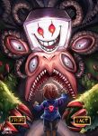 androgynous arm_up back black_shorts blue_sweater brown_hair clenched_hand dated evil_smile extra_eyes flowey_(undertale) frisk_(undertale) glowing heart highres holding holding_weapon k_ptn knife long_sleeves looking_at_another monster omega_flowey open_mouth plant sharp_teeth short_hair shorts signature size_difference smile spoilers standing striped striped_sweater sweater teeth thorns undertale weapon 