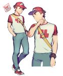  1boy arm_up arucelli backpack bag baseball_cap brown_eyes brown_hair character_name denim hands_in_pockets hat highres jeans looking_at_viewer looking_away male_focus multiple_views pants pokemon pokemon_(game) pokemon_sm raglan_sleeves red_(pokemon) red_(pokemon)_(sm) shirt shoes short_hair simple_background sneakers solo sweat t-shirt twitter_username white_background 