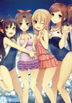  4girls :d ;d absurdres ahoge blonde_hair blue_eyes breasts brown_hair casual_one-piece_swimsuit collarbone competition_swimsuit frilled_swimsuit frills girl_sandwich green_eyes hair_ornament hair_ribbon hair_scrunchie hairband high_school_fleet highres hirota_sora ise_sakura long_hair looking_at_viewer medium_breasts multiple_girls number one-piece_swimsuit one_eye_closed one_leg_raised open_mouth purple_swimsuit red_ribbon red_swimsuit ribbon sandwiched scan scrunchie short_hair side_ponytail small_breasts smile suruga_runa swimsuit v violet_eyes wakasa_reo white_hairband yellow_eyes yuunagi yuunagi_(seventh_heaven) 