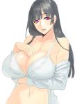  1girl black_hair bra breast_suppress breasts cleavage daglasses highres large_breasts lips long_hair looking_at_viewer navel off_shoulder parted_lips simple_background underwear violet_eyes white_background white_bra 