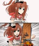  1girl aircraft airplane anchor breast_pocket brown_hair colored emphasis_lines flight_deck green_eyes hair_between_eyes hair_ornament highres jesus_revenge kantai_collection long_hair meme ponytail red_neckerchief saratoga_(kantai_collection) side_ponytail sidelocks smokestack solo stupid_movie_sequels sunko 