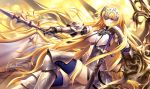  1girl armor armored_dress artist_name blonde_hair breasts cleavage fate/apocrypha fate/grand_order fate_(series) gauntlets headpiece kousaki_rui long_hair polearm ruler_(fate/apocrypha) signature solo spear sword thigh-highs under_boob weapon 