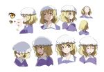  1girl bangs blonde_hair blush breasts buttons character_sheet closed_eyes closed_mouth collarbone eyebrows eyebrows_visible_through_hair from_above from_behind from_side hair_between_eyes hat hat_removed headwear_removed looking_up maribel_hearn medium_breasts mob_cap multiple_views neko_(yanshoujie) open_mouth portrait profile simple_background smile the_sealed_esoteric_history touhou white_background white_hat yellow_eyes 