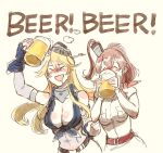  2girls :d alcohol auburn_hair bangs bare_shoulders beer beer_mug belt blonde_hair blush breasts cleavage closed_eyes commentary_request detached_sleeves dress drinking drooling drunk english eyebrows eyebrows_visible_through_hair front-tie_top gloves hair_between_eyes highres holding iowa_(kantai_collection) kantai_collection large_breasts long_hair multiple_girls navel nose_blush open_mouth pocket saratoga_(kantai_collection) short_sleeves smile takatsuki_nato text white_dress 