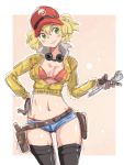  1girl blonde_hair breasts cidney_aurum cleavage final_fantasy final_fantasy_xv green_eyes hat looking_at_viewer short_hair short_shorts shorts shouta_(shbz) sketch smile solo 