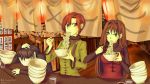  3girls aozaki_aoko aozaki_touko bangs black_hair blue_eyes bowl breasts brown_hair chopsticks dress eating eugenia_beilschmidt food green_dress hair_intakes kelheor kuonji_alice large_breasts long_hair mahou_tsukai_no_yoru multiple_girls noodles ramen red_eyes redhead short_hair type-moon 