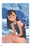  1girl black_eyes black_hair boat clouds flat_chest highres long_hair new_school_swimsuit one-piece_swimsuit original school_swimsuit sitting smile solo swimsuit takamichi watercraft 