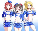  3girls \m/ ayase_eli belt bibi_(love_live!) black_hair blonde_hair blue_eyes blue_jacket blue_skirt crop_top cropped_jacket hair_ornament hair_scrunchie hat highres jacket kyo9999 long_hair love_live! love_live!_school_idol_project miniskirt multiple_girls navel nishikino_maki one_eye_closed open_mouth racequeen red_eyes redhead scrunchie short_hair skirt standing twintails violet_eyes yazawa_nico 