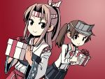  2girls adrian_ferrer brown_hair commentary gift gradient gradient_background hachimaki hair_tie headband kantai_collection light_brown_hair magatama multiple_girls muneate pleated_skirt ponytail ryuujou_(kantai_collection) sidelocks skirt smile suspenders twintails visor_cap wide_sleeves zuihou_(kantai_collection) 