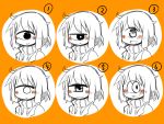  1girl :&gt; :&lt; :d blush_stickers cyclops face facial_expressions female grin jitome light_smile looking_at_viewer masha monochrome multiple_views one-eyed open_mouth orange_background original scarf sidelocks simple_background sketch smile solid_circle_eyes spot_color 
