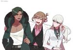  1boy 2girls bangs breasts brown_hair cleavage clenched_hand dangan_ronpa dangan_ronpa_3 dark_skin formal genderswap genderswap_(ftm) genderswap_(mtf) green_hair hair_intakes hair_ribbon hands_on_another&#039;s_shoulders himduldago labcoat lavender_eyes long_hair looking_at_another multiple_girls munakata_kyousuke necktie pink_ribbon ponytail red_eyes ribbon sakakura_juuzou silver_hair simple_background smile suit sweatdrop swept_bangs twitter_username upper_body white_background white_necktie white_suit yukizome_chisa 