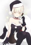  1girl bare_shoulders black_gloves black_legwear blonde_hair boots breasts cleavage fate/grand_order fate/stay_night fate_(series) gloves hat looking_at_viewer lpip pantyhose saber saber_alter sack santa_alter santa_hat simple_background sitting sleeveless solo thigh-highs thigh_boots yellow_eyes 