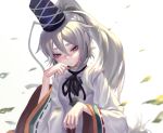 1girl black_ribbon blue_eyes closed_mouth eyebrows fkey hair_between_eyes hat highres japanese_clothes kariginu long_hair long_sleeves mononobe_no_futo neck_ribbon pom_pom_(clothes) ponytail ribbon ribbon-trimmed_sleeves ribbon_trim short_eyebrows silver_hair solo tate_eboshi thick_eyebrows touhou upper_body wide_sleeves 