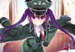  1girl alcohol blush cup drinking_glass gloves gochuumon_wa_usagi_desu_ka? hand_on_hip hat jacket_on_shoulders long_hair looking_at_viewer military_hat military_jacket necktie purple_hair shirako_miso skirt smile solo tedeza_rize twintails violet_eyes white_gloves wine wine_glass 