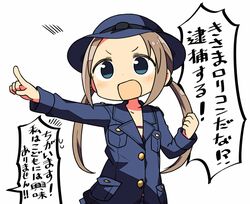  1girl blue_eyes blush_stickers brown_hair hat kanikama long_hair original pointing police police_uniform policewoman solo translated twintails uniform 