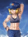  1girl abs armpits giantess hat kagamine_rin muscle muscular_female solo sports_bra sweat upper_body vocaloid yilx 