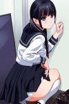  1girl black_eyes black_hair blush highres kneehighs long_hair looking_back matsunaga_kouyou original panties pantyshot school_uniform serafuku solo squatting underwear white_legwear white_panties 