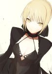  1girl black_dress blonde_hair breasts cleavage dress fate/grand_order fate/stay_night fate_(series) looking_at_viewer lpip saber saber_alter simple_background solo white_background yellow_eyes 